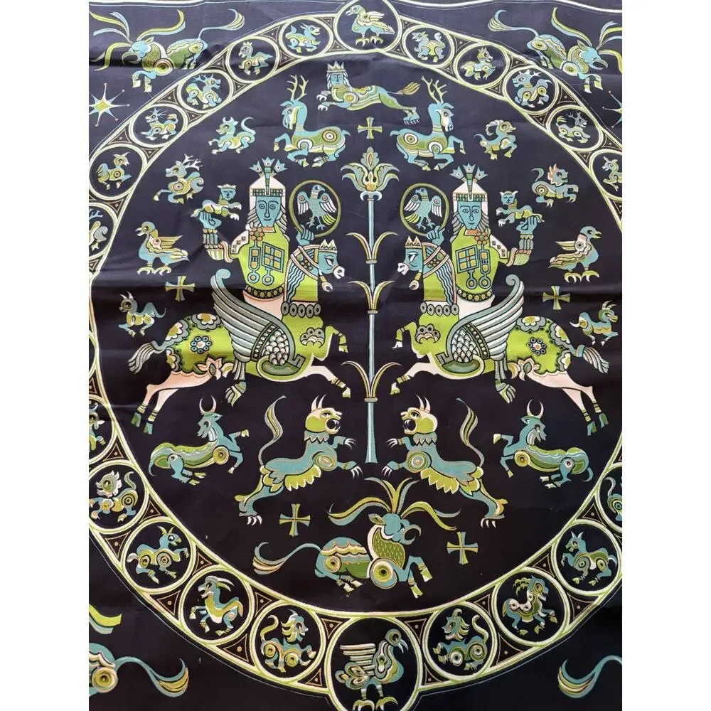 Decor Linen Fabric Remnant Sassanian Byzantine Medallion Print Med. Weight 45”